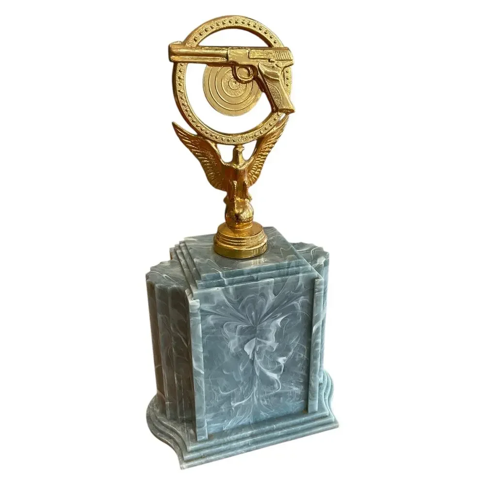 Vintage Blue Swirl‎ Shooting Trophy with Pistol and Target Gold Topper